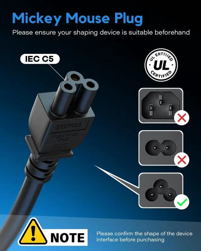 Alt view image 2 of 7 - Universal Laptop Power Cord, 16AWG, NEMA 5-15P to IEC C5, 3-Prong AC Cable, 10A 125V (6FT)