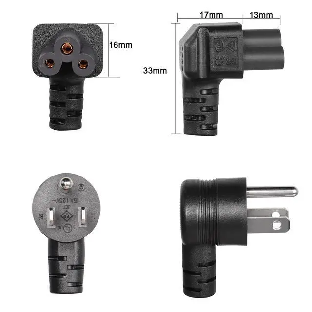 Alt view image 3 of 7 - 4.9Ft 90 Degrees 3 Prong AC to IEC320 C5 Power Cord,18AWG 100V~250V Up Angle NEMA 5-15P to Down Angle 3-Slot Mickey Mouse Universal Power Cable for Notebook Computers, TV, Monitors