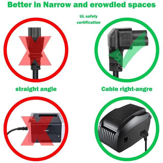 Alt view image 6 of 7 - 4.9Ft 90 Degrees 3 Prong AC to IEC320 C5 Power Cord,18AWG 100V~250V Up Angle NEMA 5-15P to Down Angle 3-Slot Mickey Mouse Universal Power Cable for Notebook Computers, TV, Monitors