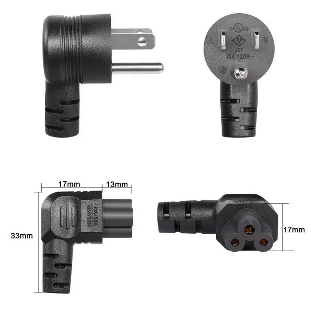 Alt view image 3 of 7 - 90 Degrees 3 Prong AC to IEC320 C5 Power Cord,10A 125V Down Angle NEMA 5-15P to 3-Slot Mickey Mouse Universal Power Cable for Notebook Computers, TV, Monitors-4.9Ft (Black-Right C5)