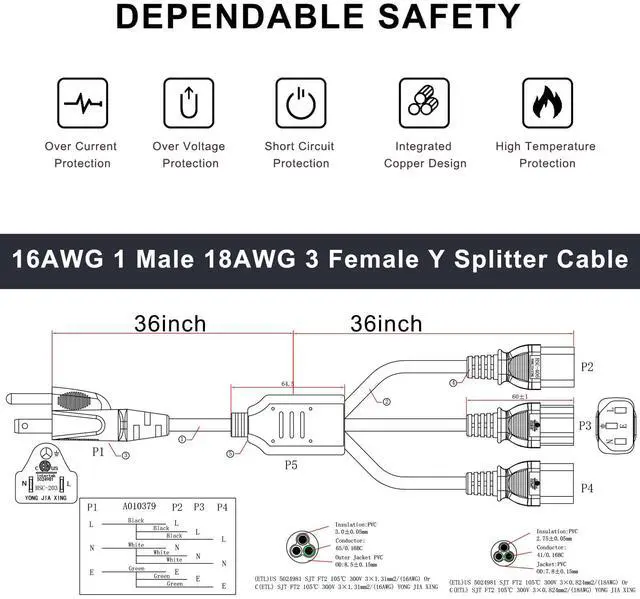 Alt view image 2 of 6 - Computer Y Splitter Power Cord, NEMA 5-15P to 3X IEC60320 C13 Female 3 Ways Outlet AC Power Cord, SJT 16AWG Universal Laptop 3 Prong Power Cable, C13 Y Spliiter for Monitor/TV/Printer (6FT)