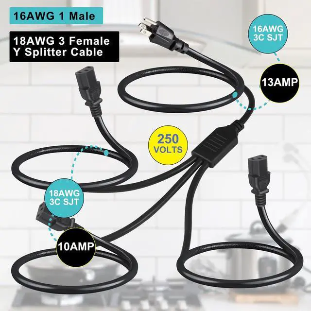 Alt view image 3 of 6 - Computer Y Splitter Power Cord, NEMA 5-15P to 3X IEC60320 C13 Female 3 Ways Outlet AC Power Cord, SJT 16AWG Universal Laptop 3 Prong Power Cable, C13 Y Spliiter for Monitor/TV/Printer (6FT)