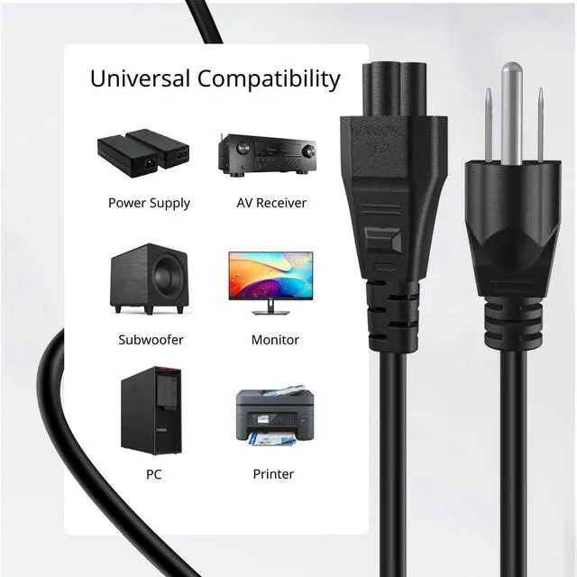 Alt view image 4 of 6 - 3 Prong AC Laptop Power Cord, IEC C5 to NEMA 5-15P, 6FT Cable