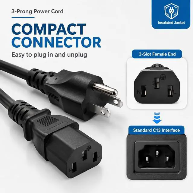 Alt view image 2 of 7 - 3 Prong AC Power Cord Universal Power Cable 125V/18AWG NEMA 5-15P to C13 for Dell HP LG Lenovo Asus Acer Toshiba Sony Laptops/Notebooks, Treadmill, Monitors, Printers, Scanners Power Cable Cord 3.3FT