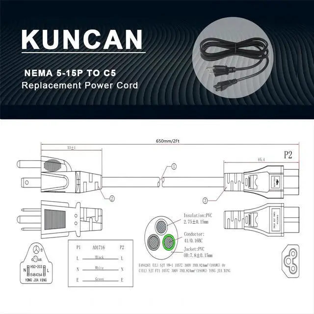 Alt view image 2 of 7 - US Standard Laptop Power Cord - 2 FT/ 24 inch 18AWG NEMA 5-15P to Iec 60320 C5 Universal 3 Prong AC Power Cable Replacement Desktop Charger 3 Pin 10A 125V Wire for Notebook Computer Adapter TV Printer