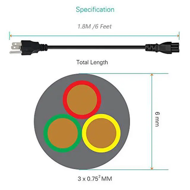 Alt view image 2 of 5 - 3 Prong AC Laptop Power Cord 6 Feet Universal Power Cable for Dell HP LG Lenovo Asus Acer Sony Laptops/Notebooks, Monitors, Printers, Scanners NEMA 5-15P to C5 10A 125V 18AWG Laptop Power Brick Cord