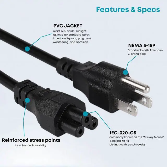 Alt view image 4 of 5 - 3 Prong Universal Laptop Power Cord 4Ft C5 AC Power Cable Replacement for Dell, HP, Toshiba, Lenovo, MSI Computer; LG, Samsung, Sony Monitor TV, Epson Printer, Scanner