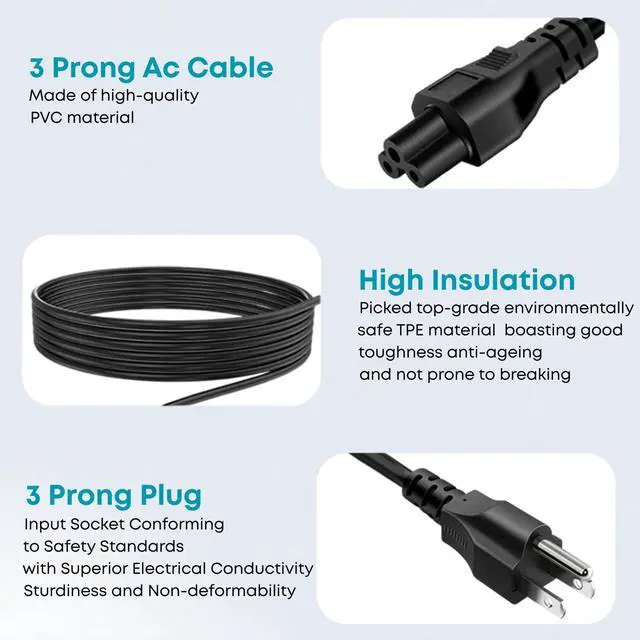 Alt view image 3 of 5 - 3 Prong Universal Laptop Power Cord 4Ft C5 AC Power Cable Replacement for Dell, HP, Toshiba, Lenovo, MSI Computer; LG, Samsung, Sony Monitor TV, Epson Printer, Scanner