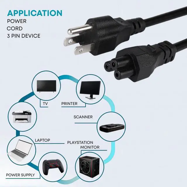 Alt view image 5 of 5 - 3 Prong Universal Laptop Power Cord 4Ft C5 AC Power Cable Replacement for Dell, HP, Toshiba, Lenovo, MSI Computer; LG, Samsung, Sony Monitor TV, Epson Printer, Scanner