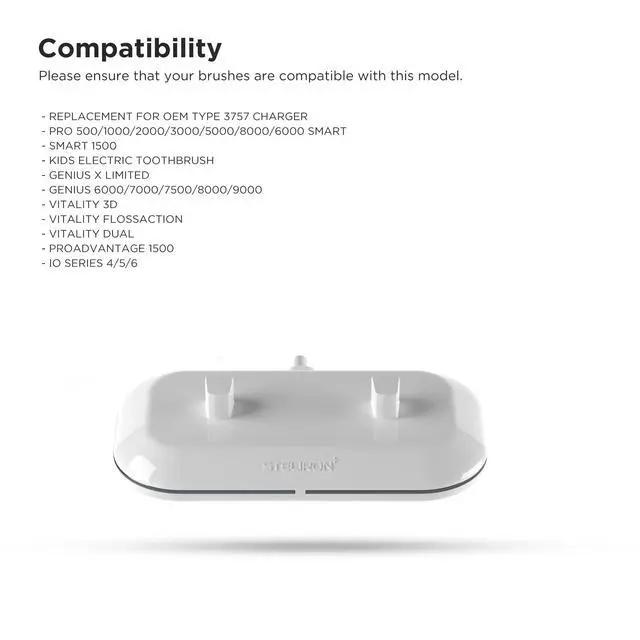 Alt view image 3 of 7 - 2-in-1 Dual Toothbrush Charger Compatible with Oral B Electric Toothbrushes, Replacement for 3757 - Works with Braun OralB Pro Advantage Smart Genius Vitality iO and Kids Models