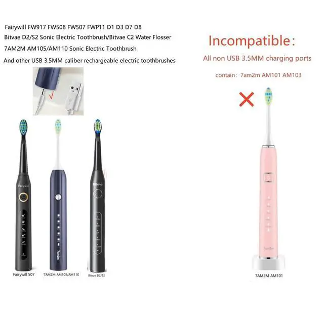 Alt view image 4 of 6 - USB Charger for 7AM2M AM105/AM110 Electric ToothbrushNot for 7AM2M AM100 AM101 AM103, USB Charger Base for Fairywill/Bitvae/Dnsly/Vekkia/Gloridea/Sboly/Electric Toothbrush