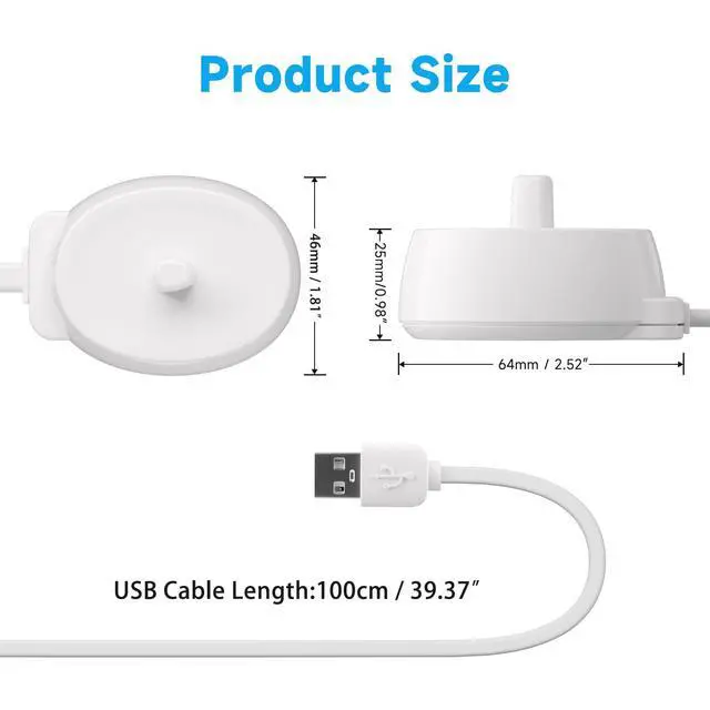 Alt view image 6 of 7 - USB Replacement Charger for Oral B Electric Toothbrush, Compatible with Pro 1000/3000/5000, IO Series 3/4/5/6, 3757 Inductive Charging Base, Waterproof IPX7, Portable Power Cord