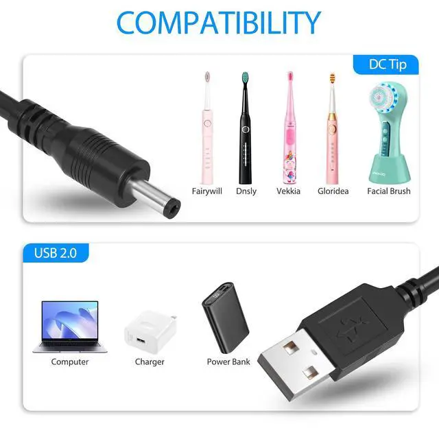 Alt view image 5 of 5 - Charger Cable for Fairywill Sonic Electric Toothbrush FW917 SG508 FW508 FW507 FWP11 FWD1 FWD3 FWD7 FWD8 FWE11 FWT9 P11,Dnsly,Vekkia,Gloridea,Mornwell,Power Supply Electric Toothbrush Charging Cord