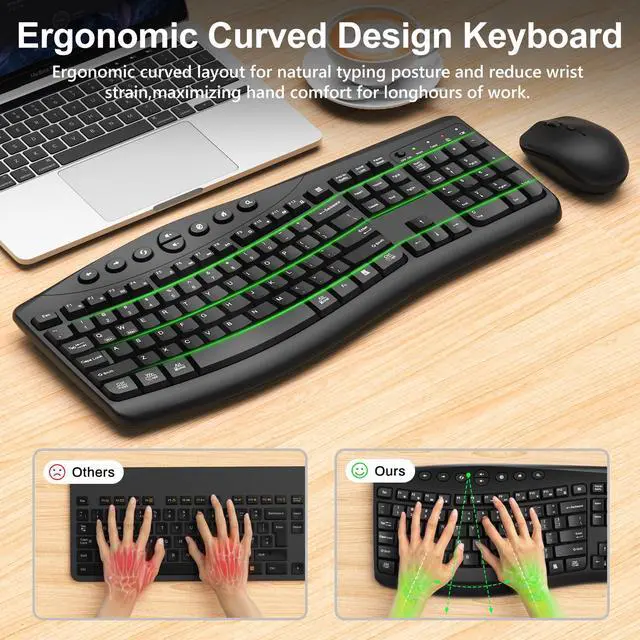 Alt view image 2 of 7 - Wireless Keyboard and Mouse Combo, 2.4G Quiet Ergonomic Curved Keys(Black)