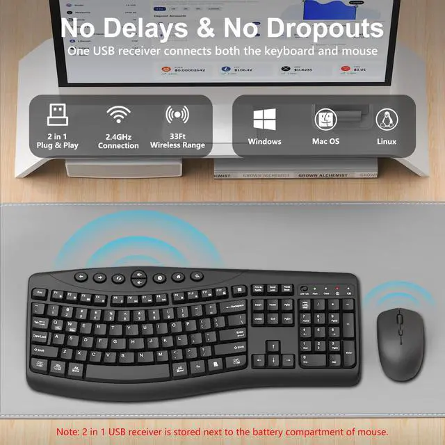 Alt view image 3 of 7 - Wireless Keyboard and Mouse Combo, 2.4G Quiet Ergonomic Curved Keys(Black)