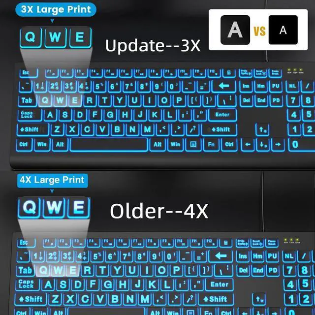 Alt view image 3 of 7 - K11PRO Large Print Backlit Keyboard, 3X Larger Font Wired USB Lighted Computer Keyboard with 7-Color LED Illuminated Keys, Desktop Workstation Keyboard Compatible for PC Laptop Windows
