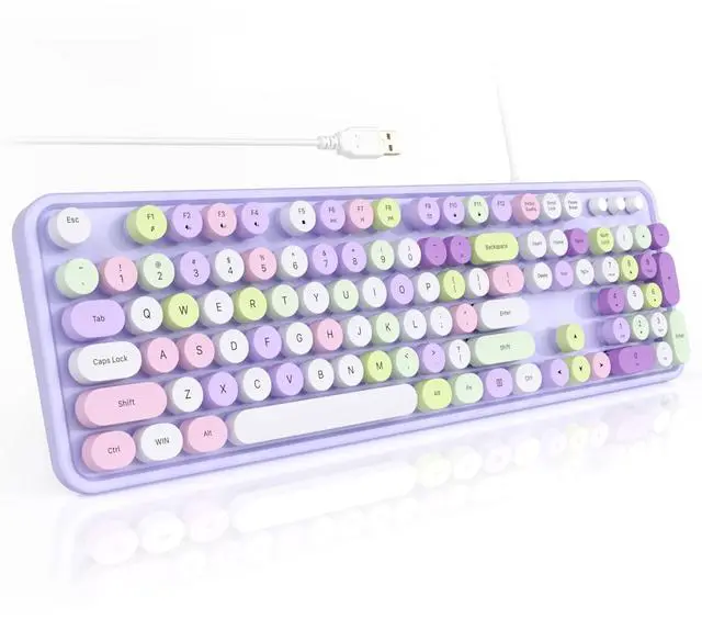Main image of Colorful Computer Keyboards Wired, USB Plug and Play Full Size Typewriter Keyboard, Cute Aesthetic Keyboard with Foldable Stands for Windows PC Laptop (Purple)