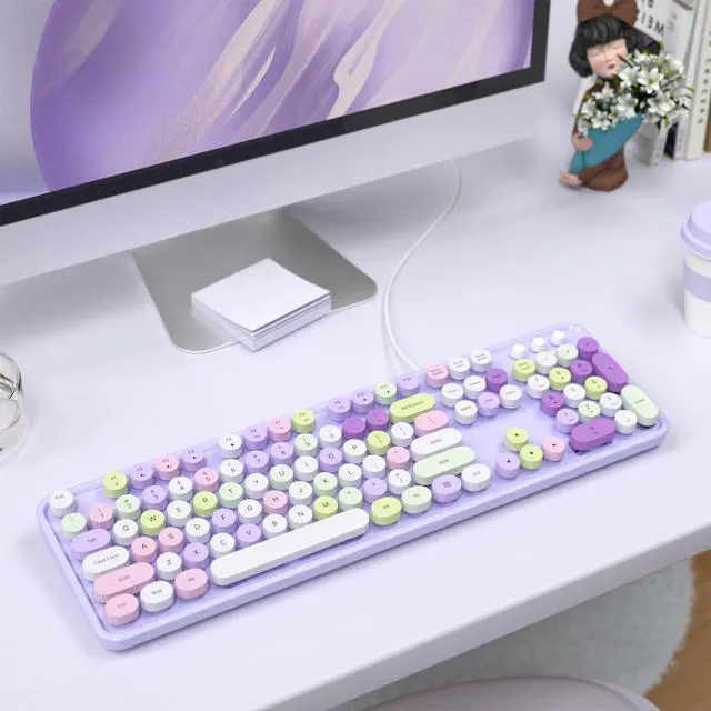 Alt view image 2 of 7 - Colorful Computer Keyboards Wired, USB Plug and Play Full Size Typewriter Keyboard, Cute Aesthetic Keyboard with Foldable Stands for Windows PC Laptop (Purple)