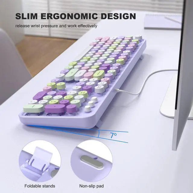 Alt view image 3 of 7 - Colorful Computer Keyboards Wired, USB Plug and Play Full Size Typewriter Keyboard, Cute Aesthetic Keyboard with Foldable Stands for Windows PC Laptop (Purple)