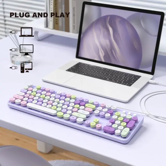 Alt view image 5 of 7 - Colorful Computer Keyboards Wired, USB Plug and Play Full Size Typewriter Keyboard, Cute Aesthetic Keyboard with Foldable Stands for Windows PC Laptop (Purple)