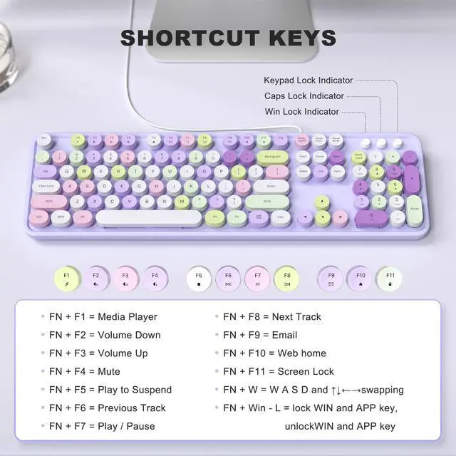 Alt view image 6 of 7 - Colorful Computer Keyboards Wired, USB Plug and Play Full Size Typewriter Keyboard, Cute Aesthetic Keyboard with Foldable Stands for Windows PC Laptop (Purple)
