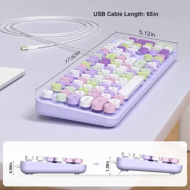 Alt view image 7 of 7 - Colorful Computer Keyboards Wired, USB Plug and Play Full Size Typewriter Keyboard, Cute Aesthetic Keyboard with Foldable Stands for Windows PC Laptop (Purple)