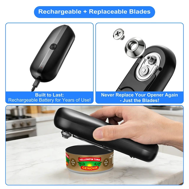 Alt view image 2 of 7 - Electric Can Opener, Automatic Hands-Free Can Opener with Smooth Edge, One-Touch Operation USB Rechargeable, for Seniors, Arthritis Sufferers, Kitchen and Camping Use, Replaceable Blade (Black)