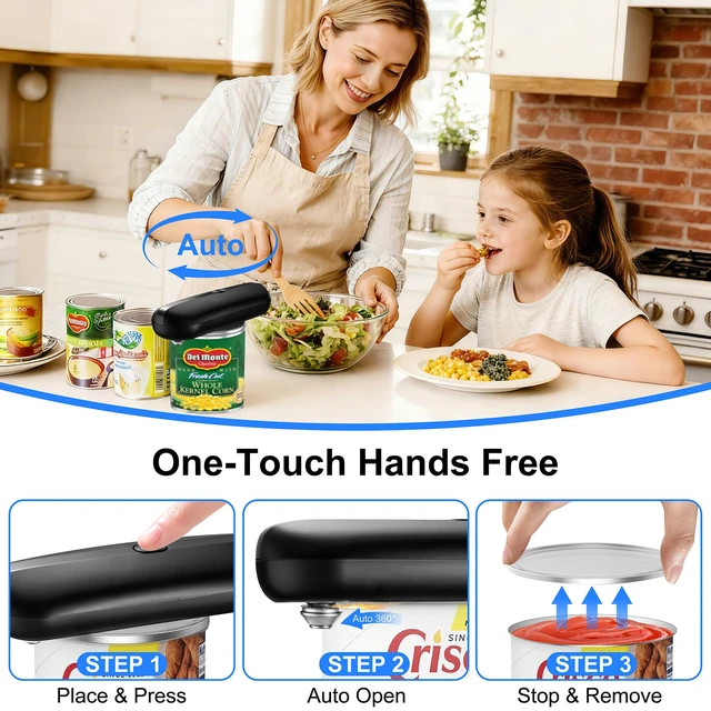 Alt view image 3 of 7 - Electric Can Opener, Automatic Hands-Free Can Opener with Smooth Edge, One-Touch Operation USB Rechargeable, for Seniors, Arthritis Sufferers, Kitchen and Camping Use, Replaceable Blade (Black)