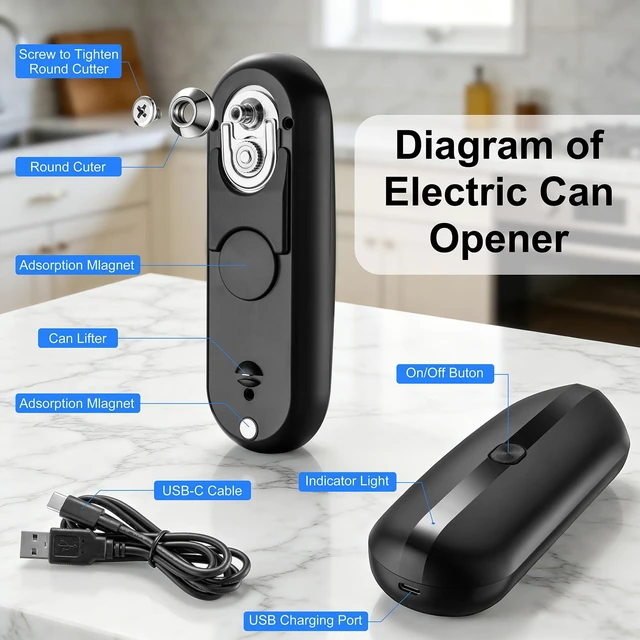 Alt view image 7 of 7 - Electric Can Opener, Automatic Hands-Free Can Opener with Smooth Edge, One-Touch Operation USB Rechargeable, for Seniors, Arthritis Sufferers, Kitchen and Camping Use, Replaceable Blade (Black)