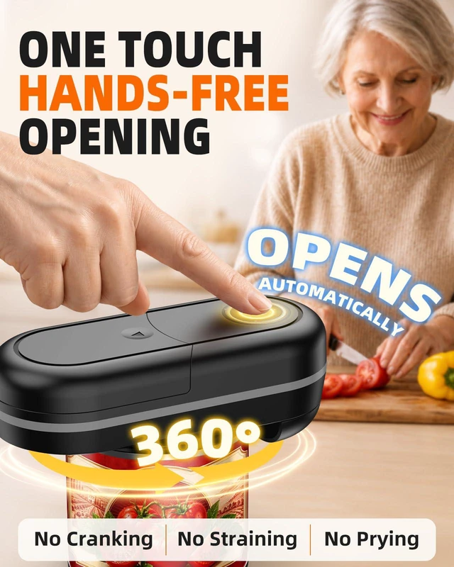 Alt view image 2 of 7 - Electric Can Opener, One-Touch Automatic, Smooth Edge for Seniors | Hands-Free Opening for Weak Hands, Side-Cut Design, Fits Most Cans, Magnetic Lid Lift, 4 AA Battery Power, Compact Storage