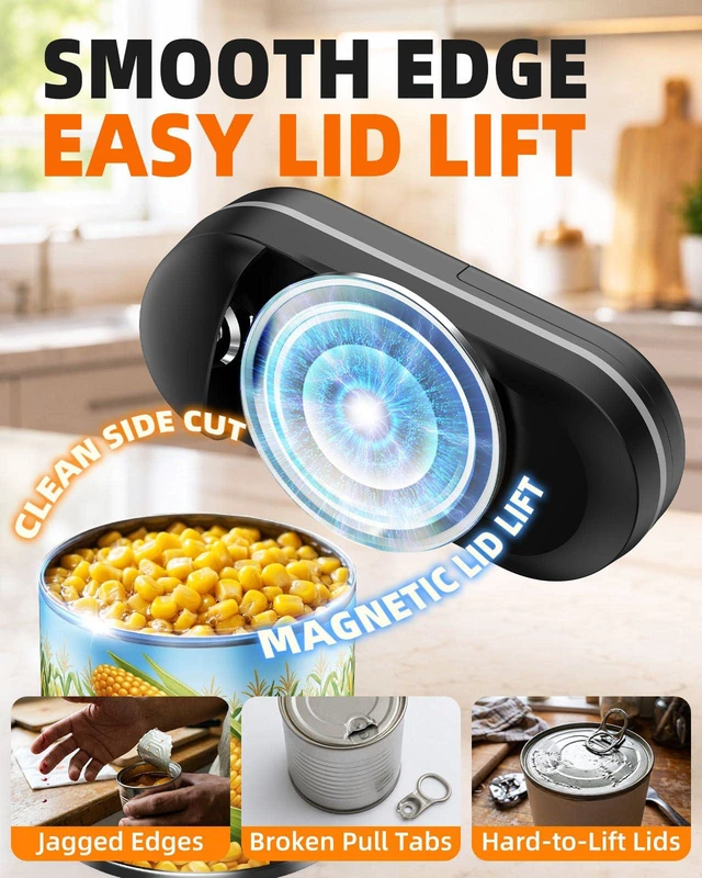 Alt view image 3 of 7 - Electric Can Opener, One-Touch Automatic, Smooth Edge for Seniors | Hands-Free Opening for Weak Hands, Side-Cut Design, Fits Most Cans, Magnetic Lid Lift, 4 AA Battery Power, Compact Storage
