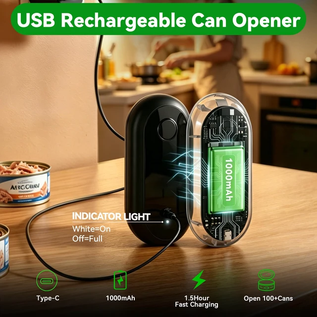 Alt view image 4 of 7 - Electric Can Opener, Automatic Smooth Edge for Kitchen Seniors | Handheld One Touch Side Cut Can Opener, Hands Free Cordless Rechargeable Black Kitchen Essential abridor de latas electrico