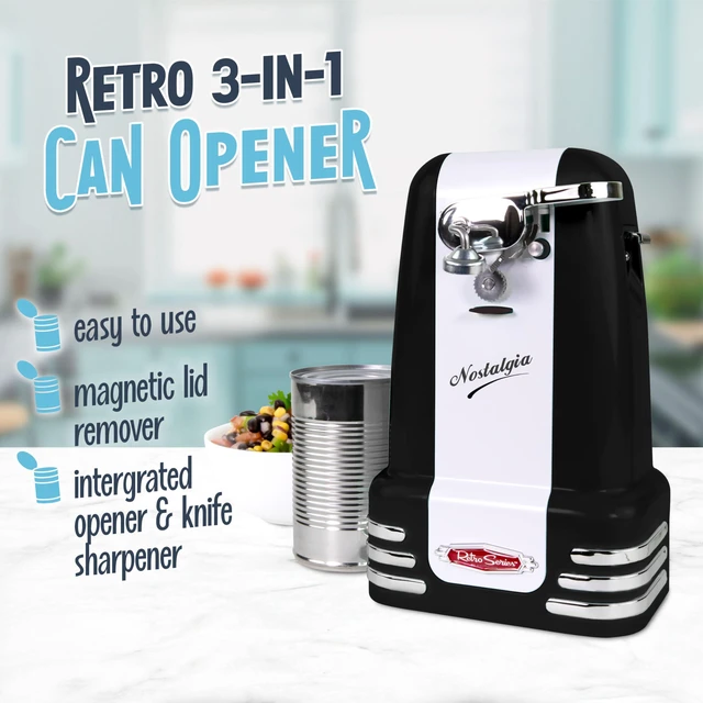 Alt view image 2 of 7 - Retro Electric Can Opener for Kitchen with Magnetic Lid Remover, Knife Sharpener, and Soda or Beer Bottle Opener, Black