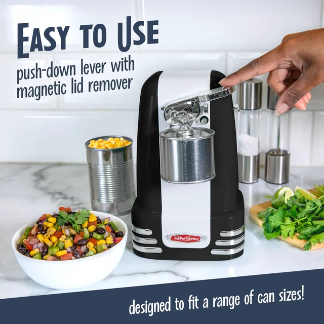 Alt view image 3 of 7 - Retro Electric Can Opener for Kitchen with Magnetic Lid Remover, Knife Sharpener, and Soda or Beer Bottle Opener, Black