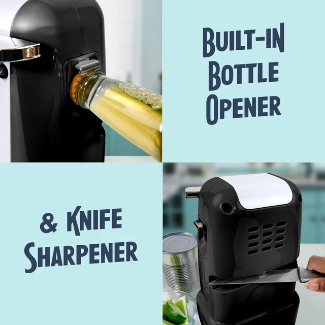 Alt view image 4 of 7 - Retro Electric Can Opener for Kitchen with Magnetic Lid Remover, Knife Sharpener, and Soda or Beer Bottle Opener, Black