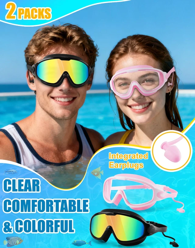 Alt view image 2 of 6 - Swimming Goggles 2 Pack Anti Fog Anti UV Clear View Large Frame Easy to Adjust Swim Goggles for Men Women Adults