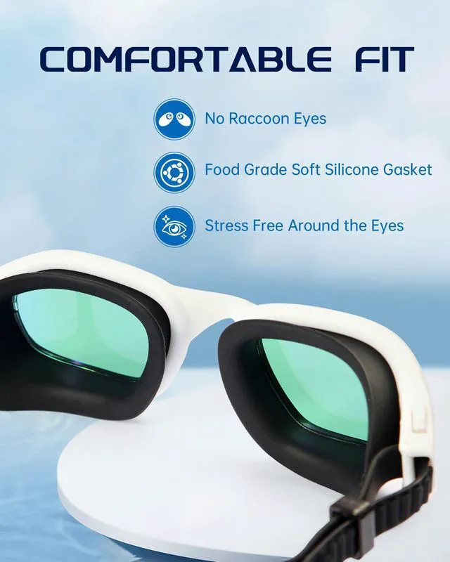 Alt view image 5 of 7 - Swim Goggles, Goggles Adult with Swim Cap, Nose Clip & Ear Plugs, UV Protection Anti-Fog Lens and Case, for Adult (Blue&White)