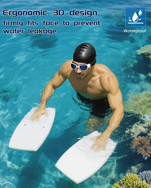Alt view image 4 of 7 - Swim Goggles, Goggles Adult with Swim Cap, Nose Clip & Ear Plugs, UV Protection Anti-Fog Lens and Case, for Adult (Blue&White)