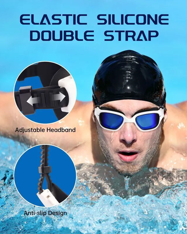 Alt view image 6 of 7 - Swim Goggles, Goggles Adult with Swim Cap, Nose Clip & Ear Plugs, UV Protection Anti-Fog Lens and Case, for Adult (Blue&White)