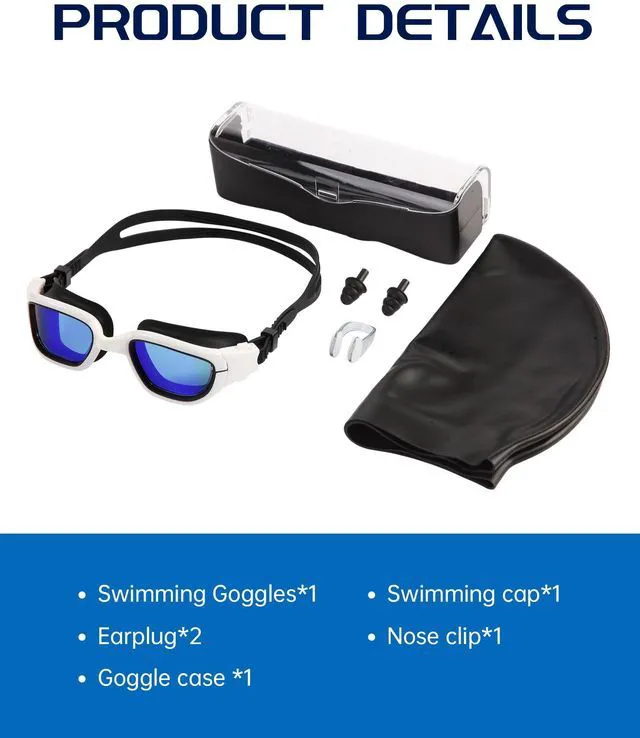 Alt view image 7 of 7 - Swim Goggles, Goggles Adult with Swim Cap, Nose Clip & Ear Plugs, UV Protection Anti-Fog Lens and Case, for Adult (Blue&White)