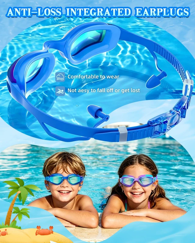 Alt view image 2 of 6 - Kids Swim Goggles 2 Pack, Anti Fog&UV Swimming Goggles for Ages 3-15 | No Leak Comfortable Fit Pool Goggles with Silicone Seal, Ear Plugs and Nose Clip
