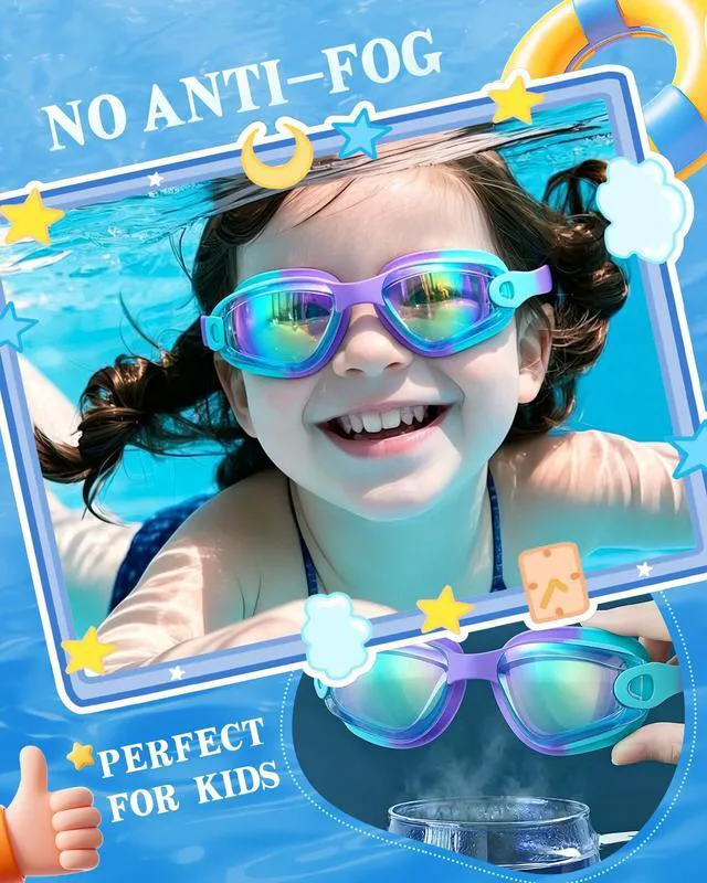 Alt view image 6 of 6 - Kids Swim Goggles 2 Pack, Anti Fog&UV Swimming Goggles for Ages 3-15 | No Leak Comfortable Fit Pool Goggles with Silicone Seal, Ear Plugs and Nose Clip