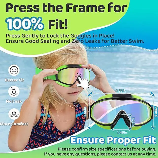Alt view image 4 of 7 - 2 Pack Kids Swim Goggles for 3-14, Fabric Strap Wide View Anti Fog& UV | Swimming Goggles Kids Toddler Youth No Hair Pull No Leak Clear View Boys Girls Swim Mask for Pool Water Beach Swim Lesson
