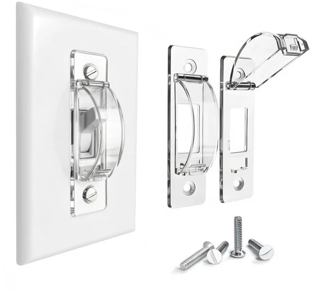 Main image of Childproof Wall Switch Guard, Prevent Accidental On/Off Clear 2pk | Stops unintended light switch toggling. Durable clear plastic, easy install, fits standard household toggle switches