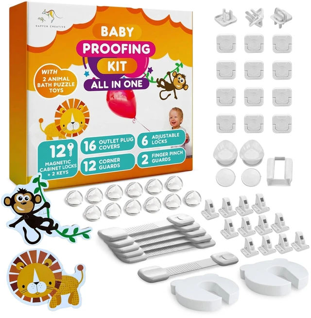 Main image of Baby Proofing Kit, All in One, Child Safety Kit, 67 Piece Pack | Magnetic Cabinet Locks, Power Point Outlet Covers, Corner Bumpers Protectors, Strap Locks, Finger Pinch Guards, Bath Toys