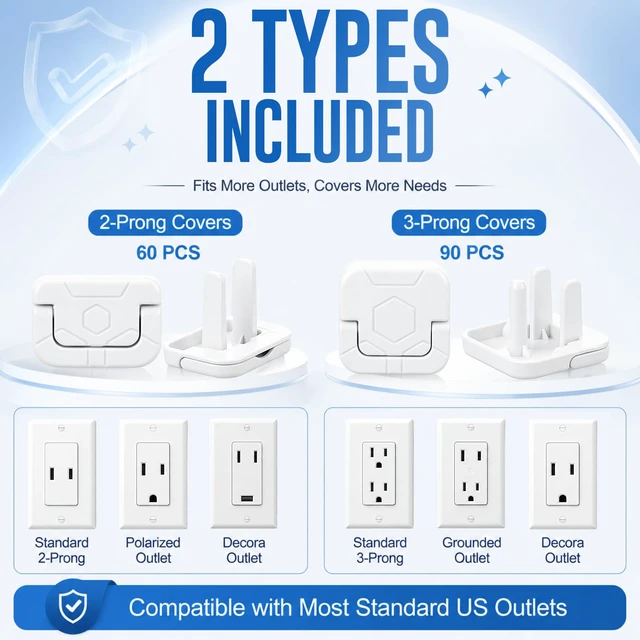 Alt view image 3 of 6 - 150 Pack Outlet Covers Baby Proofing Bulk, White, ABS | Socket Protector for Standard Us 2-prong and 3-prong Electrical Outlets, Safety Electrical Plug Protectors Cover, Baby Safety