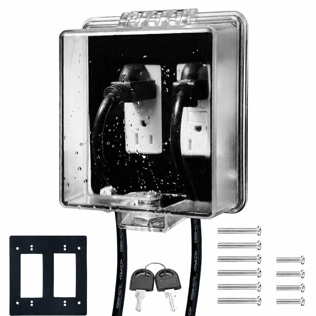 Main image of 2-Gang Baby Safety Dual Outlet Cover Box - Fit 1.3 x 2.66, Easier Operation, Simple 4 Step Install,Provides Extra Space Inside for Plugs,Adapters,4.53" high x 4.35" Wide x 2.52" deep