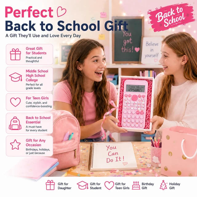 Alt view image 2 of 7 - Standard Scientific Calculator, Back to School Supplies for Students | Portable Pink School Supplies, Silent Buttons, 2-Line Display Calculator for Primary Middle High School & College Students