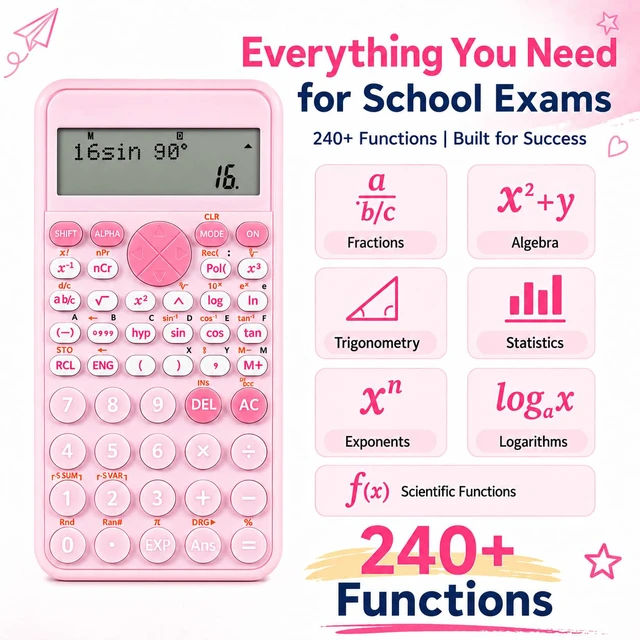 Alt view image 3 of 7 - Standard Scientific Calculator, Back to School Supplies for Students | Portable Pink School Supplies, Silent Buttons, 2-Line Display Calculator for Primary Middle High School & College Students