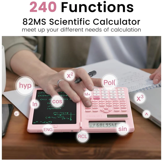 Alt view image 2 of 7 - Scientific Calculators School Supplies with Notepad 82MS Pink Stuff | Middle and High Back to School Girls Cute Stuff for Student, 240 Functions Foldable 2-Line Display Solar and Battery Power